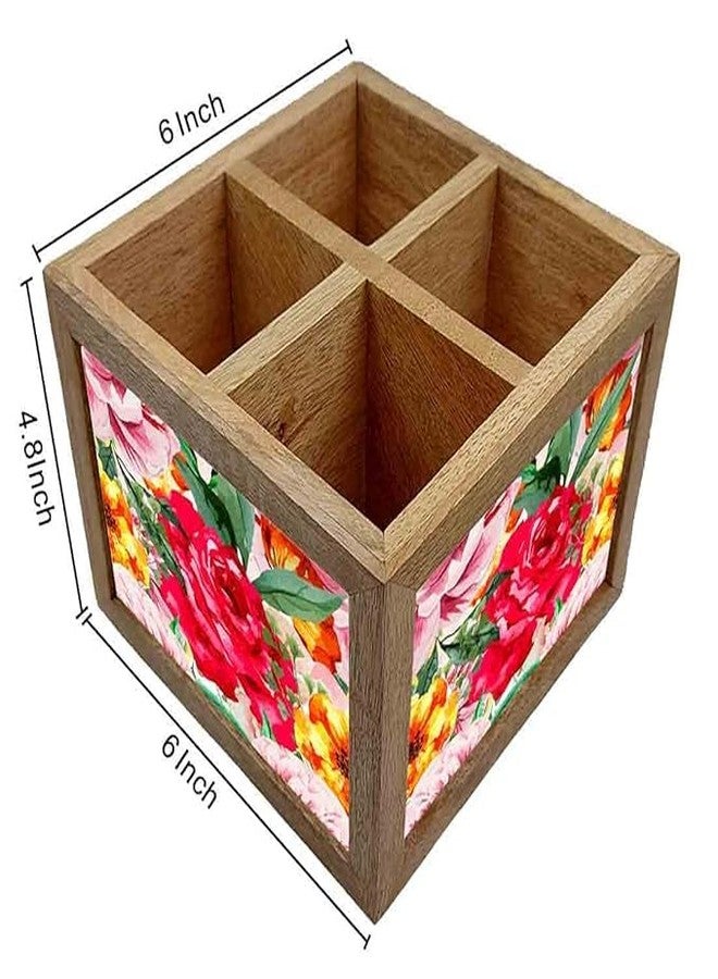 Nutcase Wooden Cutlery Stand Holder Silverware Caddy Spoons Forks Knives Organizer for Dining Table & Kitchen -Made in India-Spoons NOT Included - Roses - Image 3